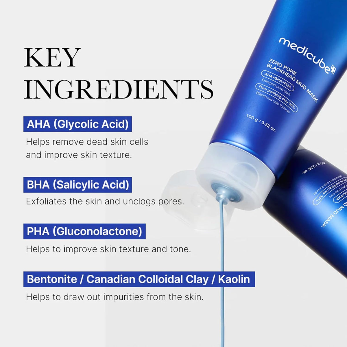 Key ingredients beside two tubes: glycolic acid AHA, salicylic acid BHA, gluconolactone PHA, and bentonite, Canadian colloidal clay and kaolin