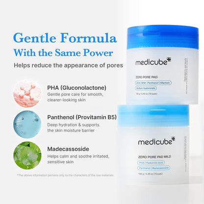 Gentle formula with the same power: PHA gluconolactone, panthenol and madecassoside, beside two stacked jars
