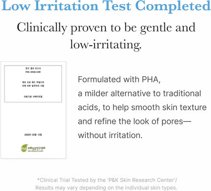 Low irritation test completed: clinically proven gentle, formulated with PHA as a milder alternative to traditional acids, with the test certificate