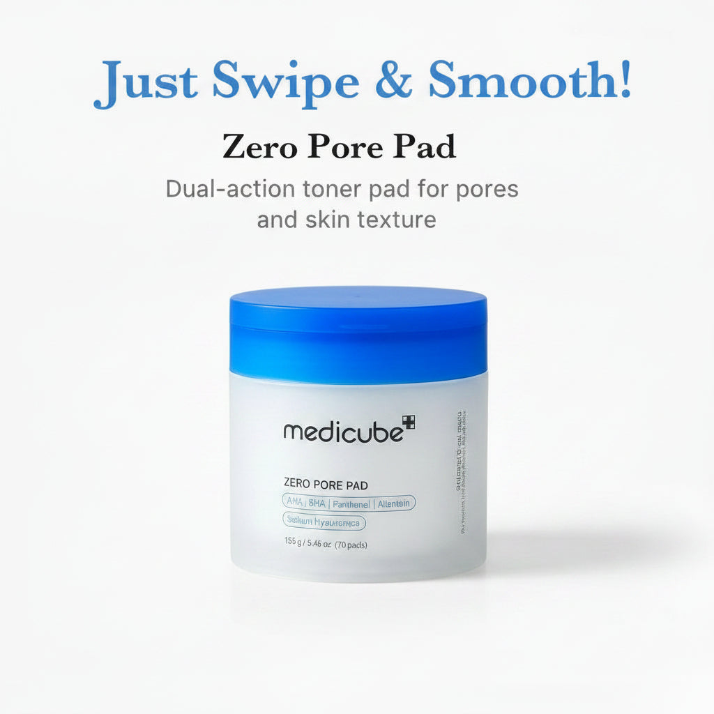 Zero Pore Pad jar with the tagline Just Swipe and Smooth, a dual-action toner pad for pores and skin texture