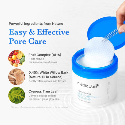 A hand lifting a pad from the open jar, beside the three key ingredients: fruit complex AHA, 0.45% white willow bark BHA and cypress tree leaf