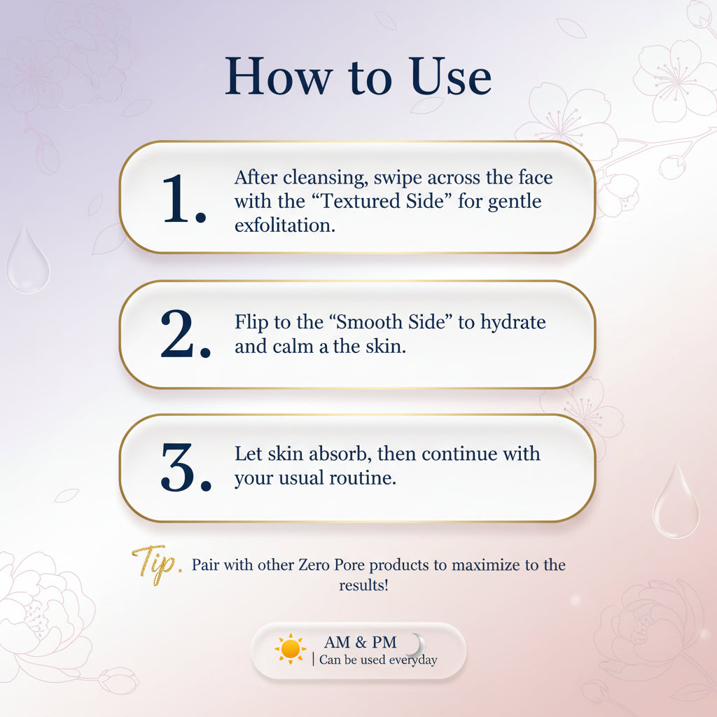 Three-step how to use: swipe the textured side over the face, flip to the smooth side to hydrate and calm, then let skin absorb and continue your routine