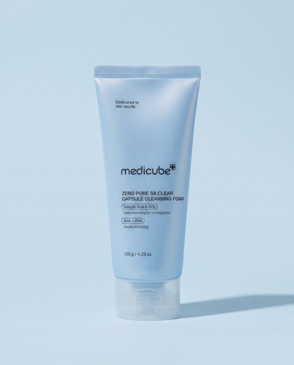 Medicube Zero Pore Salicylic Acid Capsule Cleanser 120g - pale blue cleanser tube upright, blue background