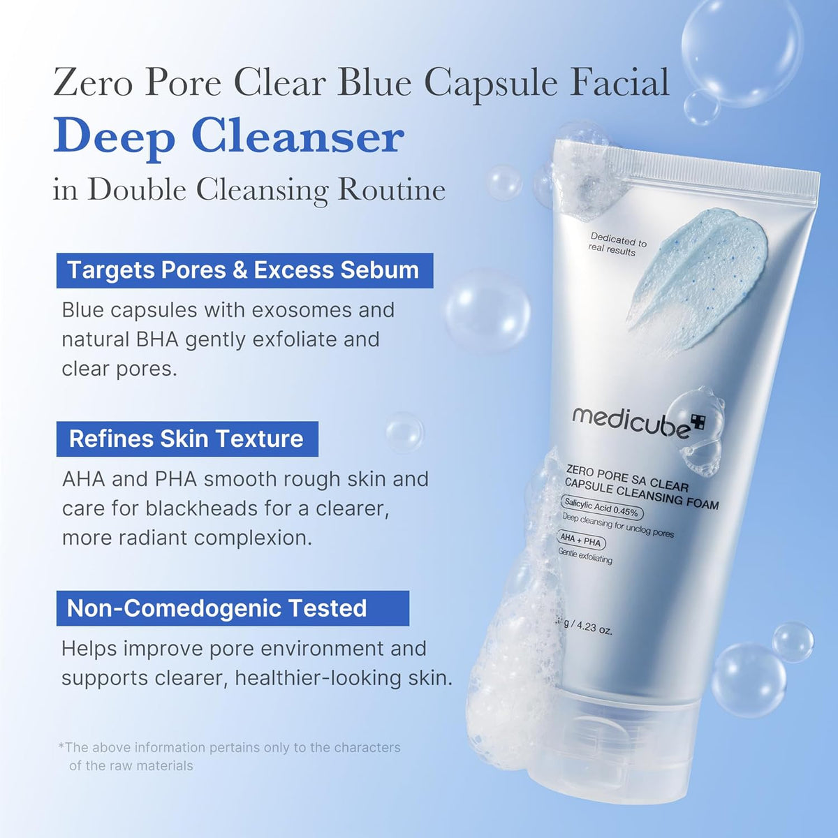 Zero Pore Clear Blue Capsule Facial Deep Cleanser tube among bubbles: targets pores and excess sebum, refines texture, non-comedogenic tested