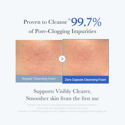 Proven to cleanse 99.7% of pore-clogging impurities: before and after cheek photos comparing a regular cleansing foam with the Zero Capsule foam