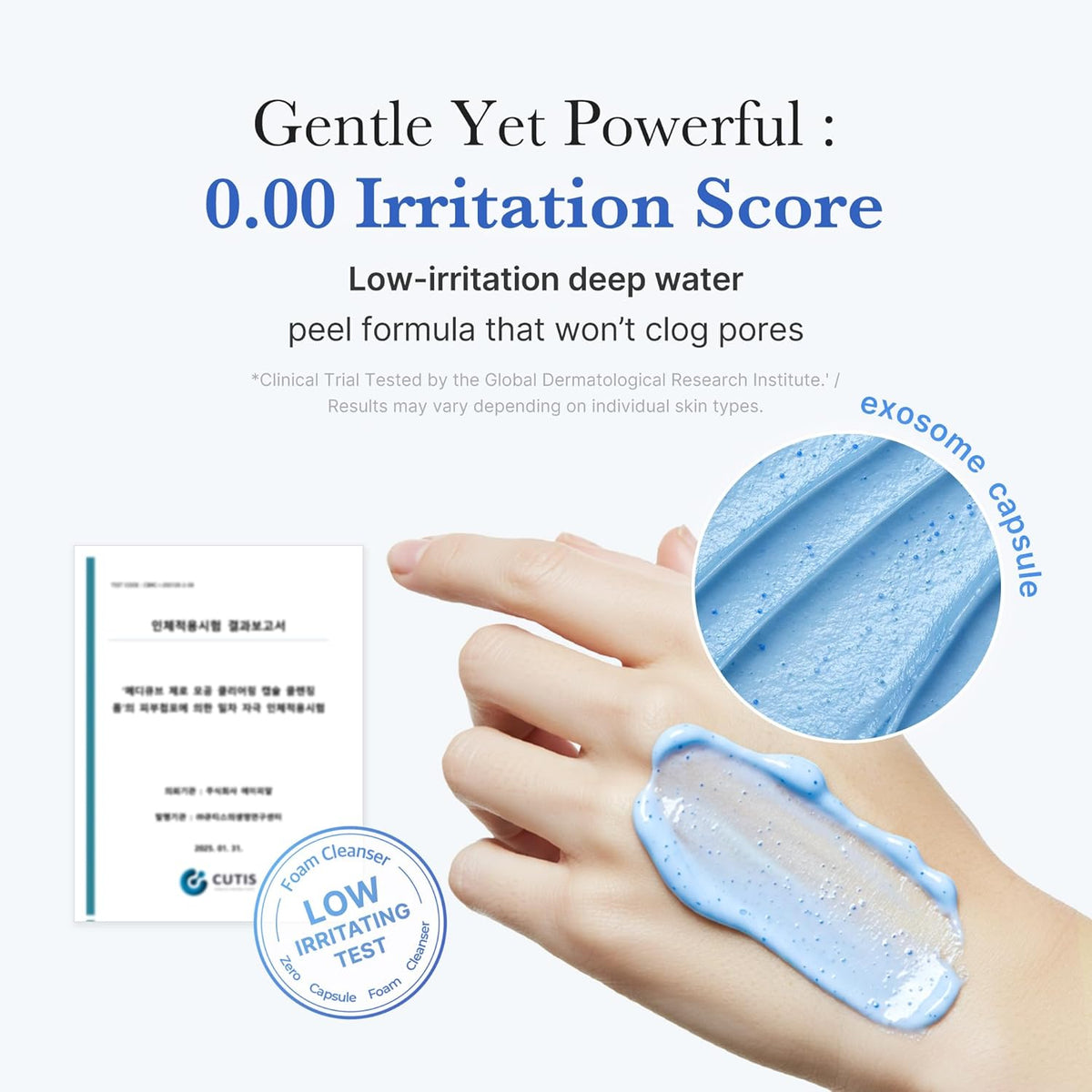 Gentle yet powerful, 0.00 irritation score: a hand with a swipe of blue cleanser beside the test certificate