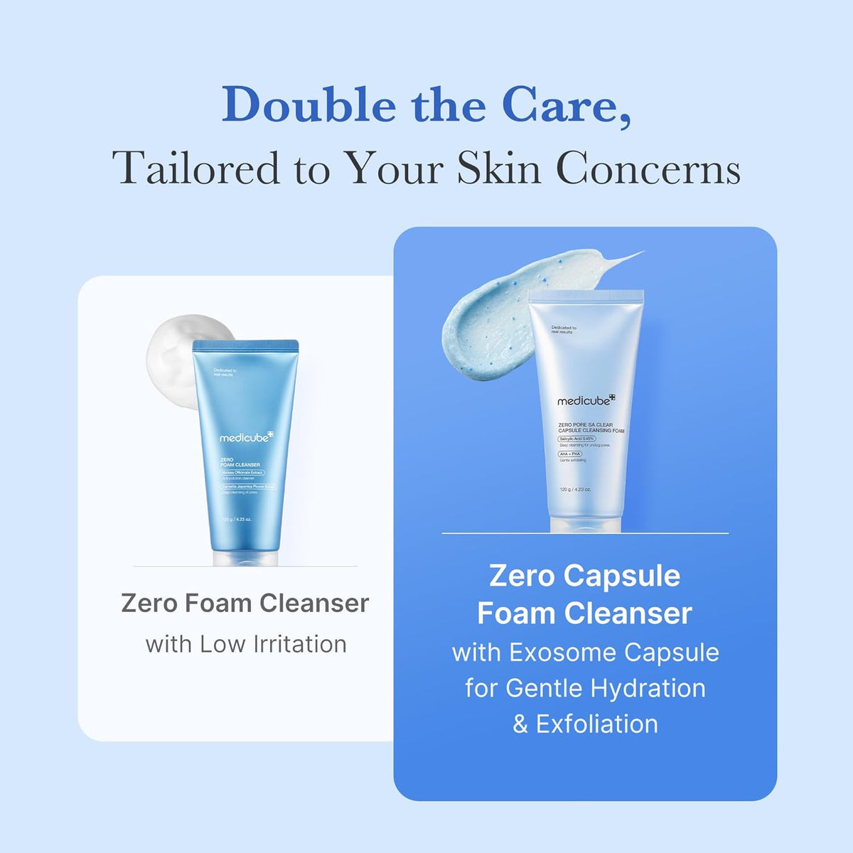 Double the care: the Zero Foam Cleanser with low irritation beside the Zero Capsule Foam Cleanser with exosome capsules