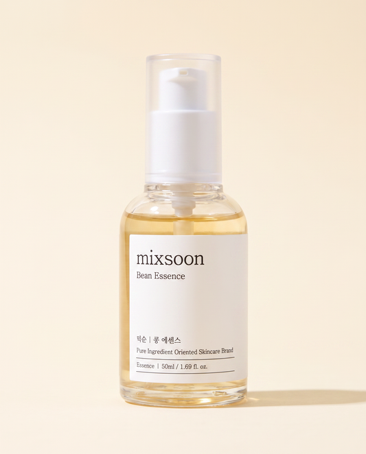 Mixsoon Bean Essence 50ml - cream essence pump bottle on a warm beige background