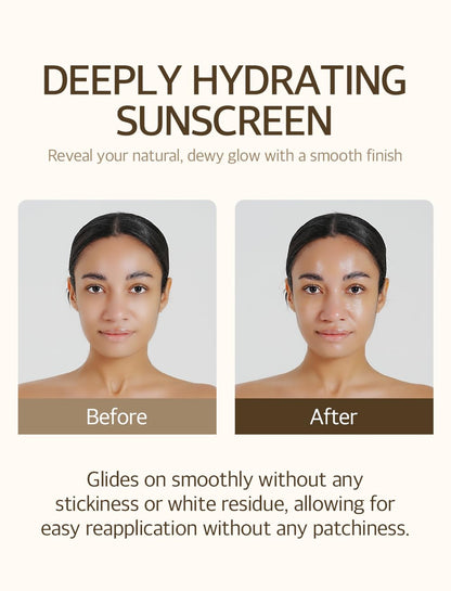 Deeply hydrating sunscreen: before and after photos of a model, glides on without stickiness or white residue