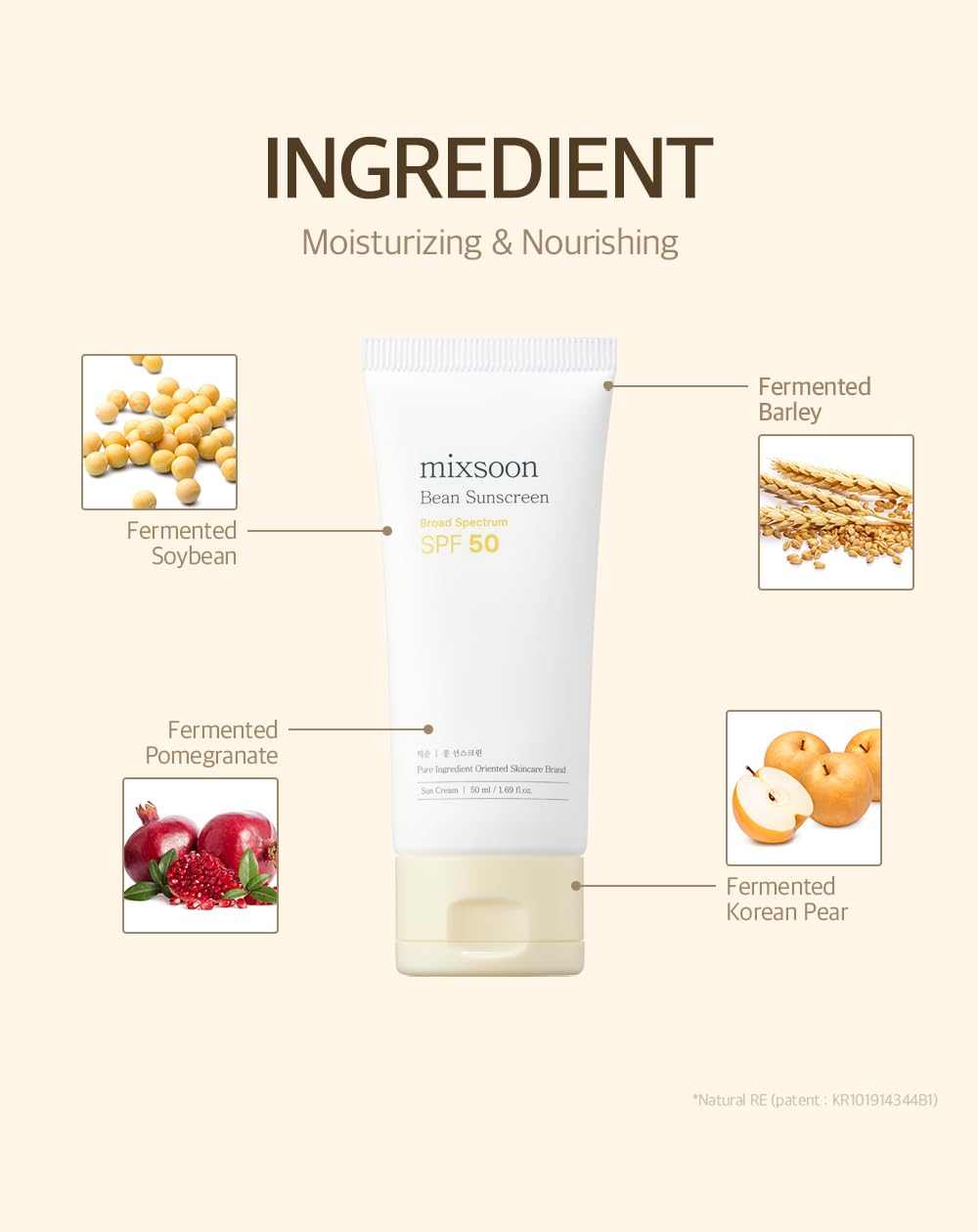 Ingredients around the tube: fermented soybean, barley, pomegranate and Korean pear, moisturising and nourishing