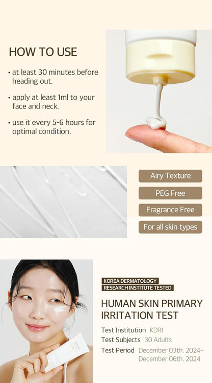 How to use: at least 30 minutes before heading out, 1 ml on face and neck, every five to six hours; airy, PEG-free, fragrance-free, irritation tested