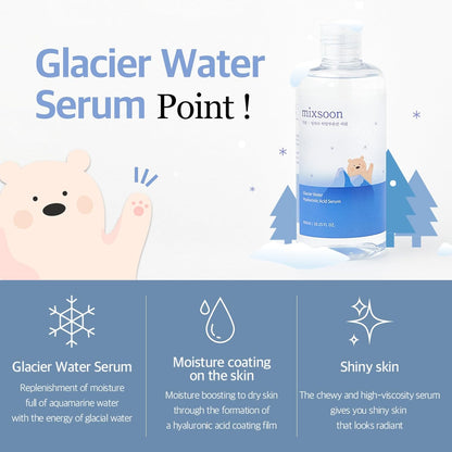 Glacier water serum points beside a cartoon polar bear: moisture from glacial water, a hyaluronic coating on the skin, shiny skin