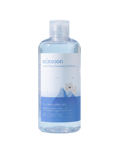 Mixsoon Glacier Water Hyaluronic Acid Serum 300ml - clear toner bottle with a polar bear label, blue background