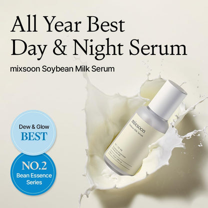 All-year best day and night serum: the Soybean Milk Serum bottle in a milk splash, dew and glow best, number two in the bean essence series