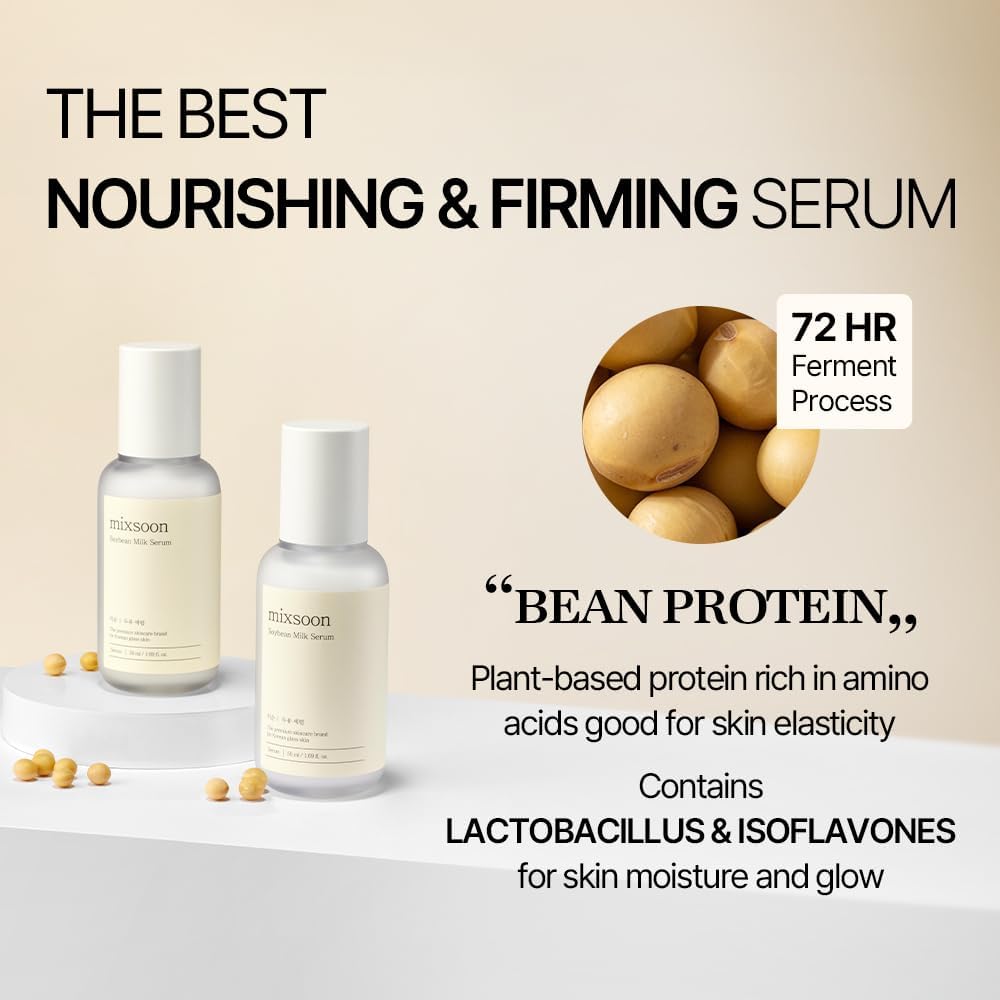The best nourishing and firming serum: two bottles beside fermented soybeans, bean protein rich in amino acids with lactobacillus and isoflavones