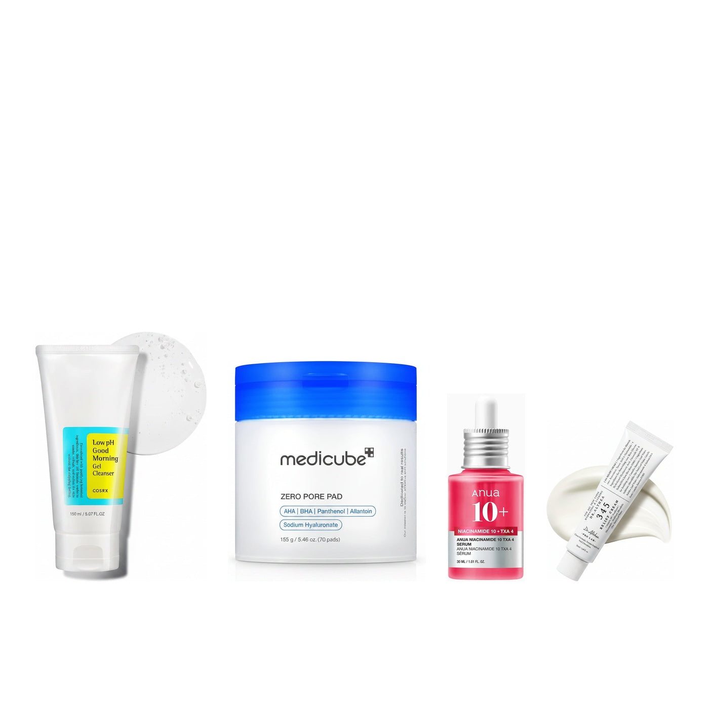 Morning Glow 4-Step Routine - COSRX Low pH Good Morning Gel Cleanser, Medicube Zero Pore Pad 2.0, Anua Niacinamide TXA serum and Dr.Althea 345 Relief Cream