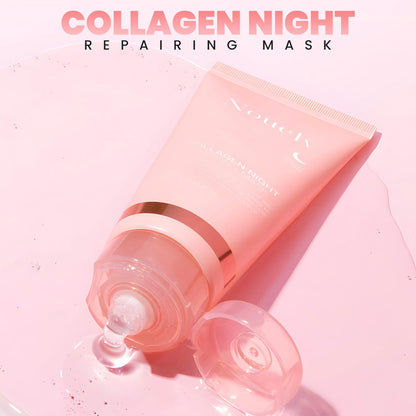 Collagen Night Repairing Mask tube lying open with clear gel spilling from the cap