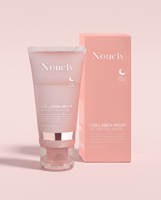 Nouelv Collagen Firming Night Face Mask 75ml - pink tube and carton on a pink background