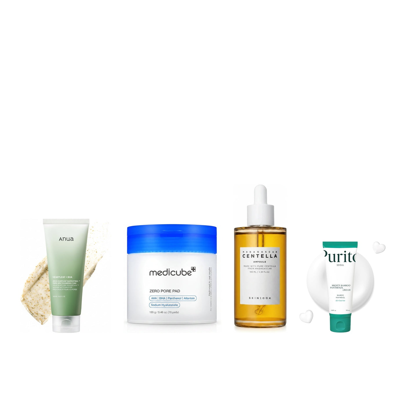 Pore Care 4-Step Routine - Anua cleansing foam, Medicube Zero Pore Pad 2.0, SKIN1004 Madagascar Centella Ampoule and PURITO Mighty Bamboo Panthenol Cream