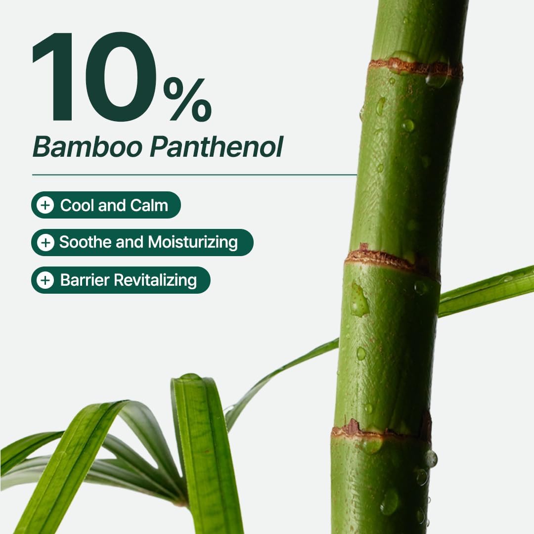 A bamboo stem with the claim 10% bamboo panthenol: cool and calm, soothe and moisturise, barrier revitalising