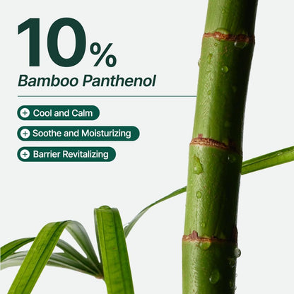 A bamboo stem with the claim 10% bamboo panthenol: cool and calm, soothe and moisturise, barrier revitalising