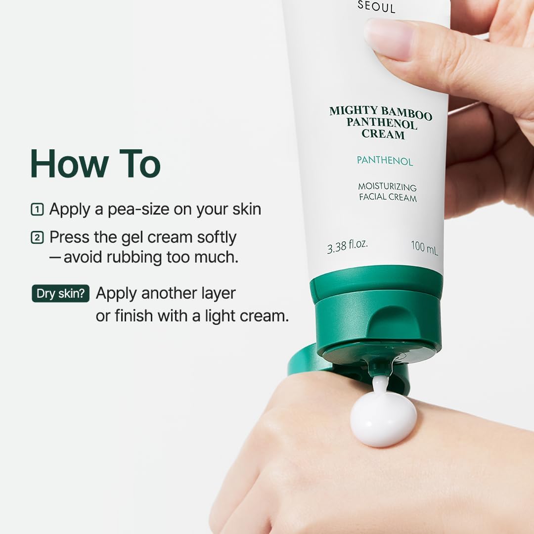 How to: a hand squeezing cream from the tube, a pea-size amount pressed gently into skin, another layer for dry skin