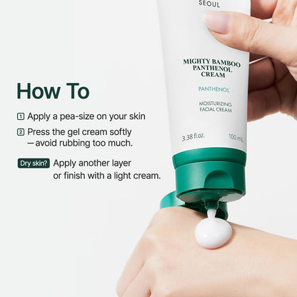 How to: a hand squeezing cream from the tube, a pea-size amount pressed gently into skin, another layer for dry skin