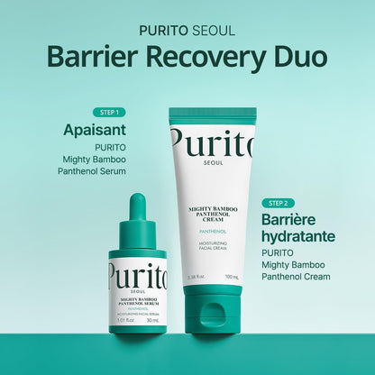 Purito barrier recovery duo: the Mighty Bamboo Panthenol Serum as step one and the Mighty Bamboo Panthenol Cream as step two