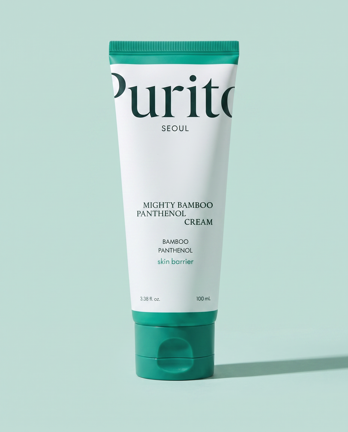 PURITO Mighty Bamboo Panthenol Cream 100ml - teal and white cream tube on a mint background