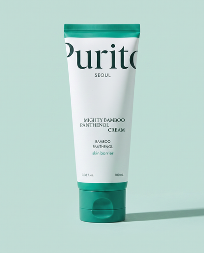 PURITO Mighty Bamboo Panthenol Cream 100ml - teal and white cream tube on a mint background