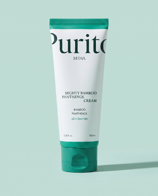 PURITO Mighty Bamboo Panthenol Cream 100ml - teal and white cream tube on a mint background