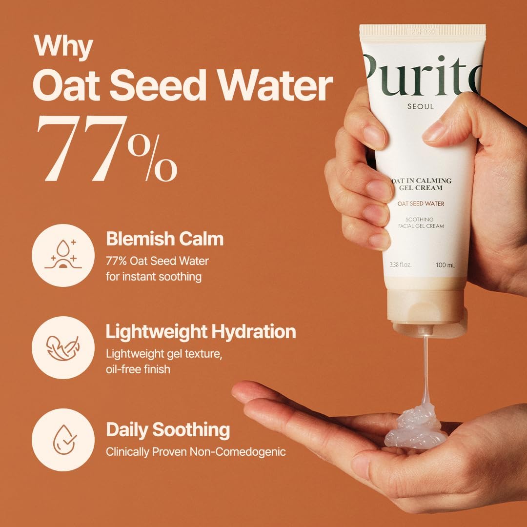 Why 77% oat seed water: hands squeezing gel from the tube, with blemish calm, lightweight oil-free hydration and daily soothing