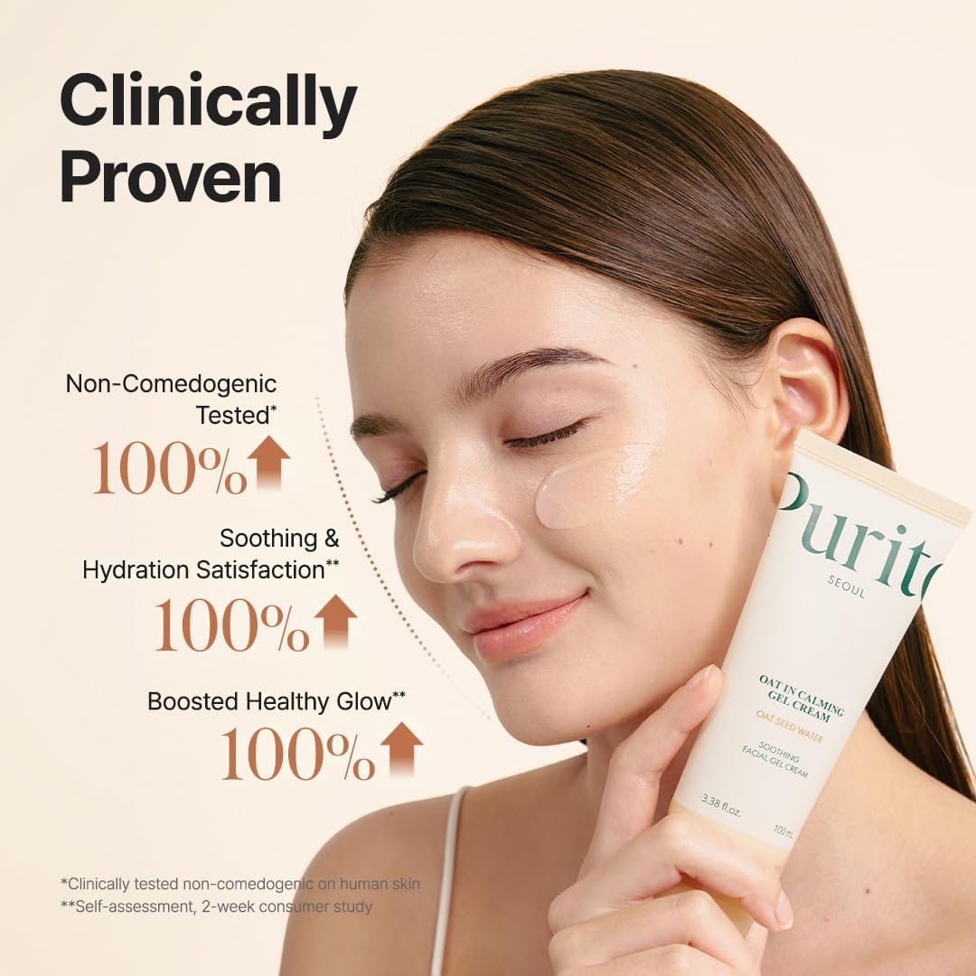Clinically proven beside a model with gel on her cheek: 100% non-comedogenic tested, 100% soothing and hydration satisfaction, 100% boosted glow