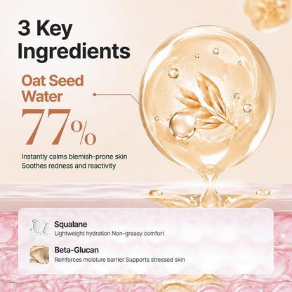 Three key ingredients: 77% oat seed water to calm blemish-prone skin, squalane for lightweight hydration, beta-glucan for the barrier