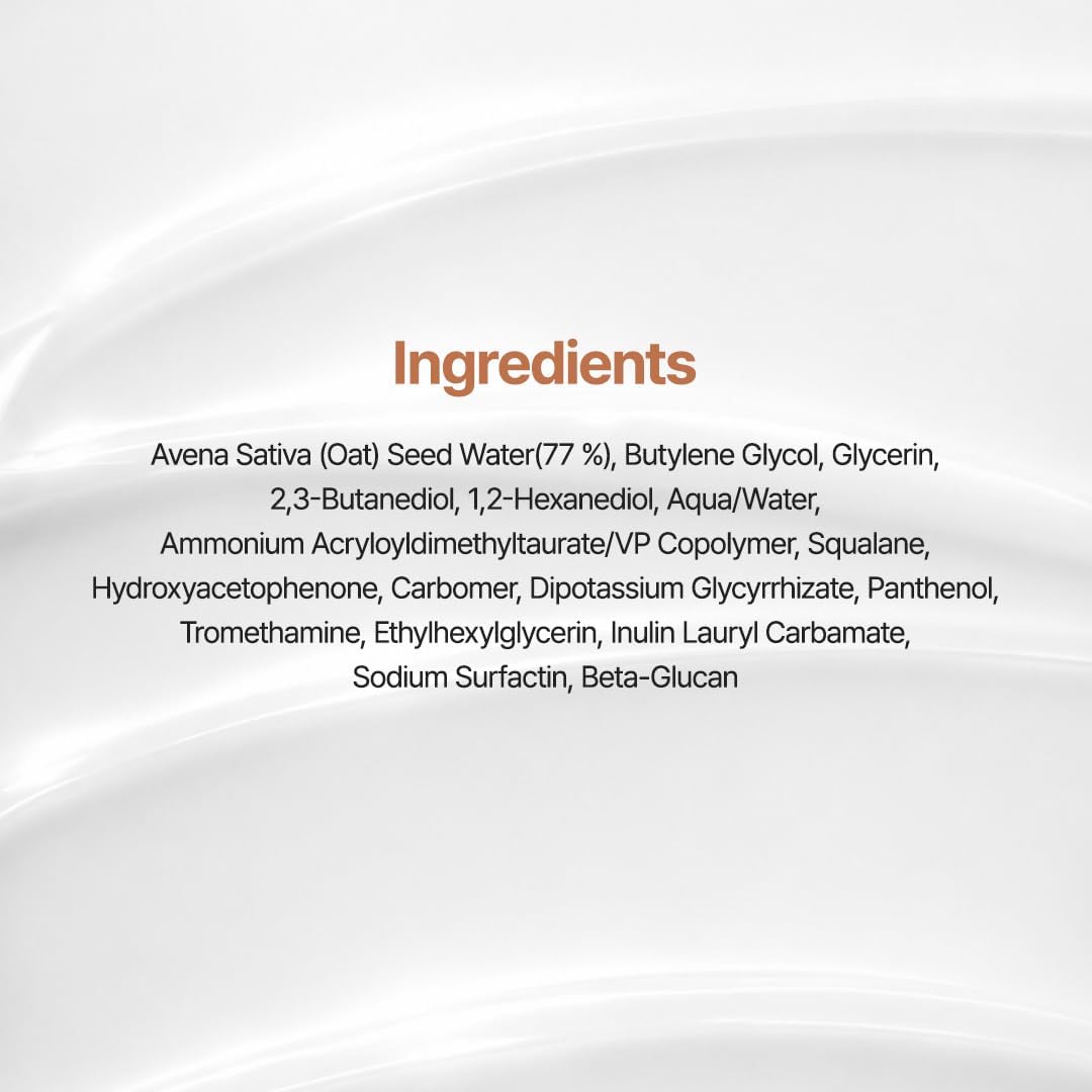 Full ingredients list for the Oat In Calming Gel Cream on a gel-texture background