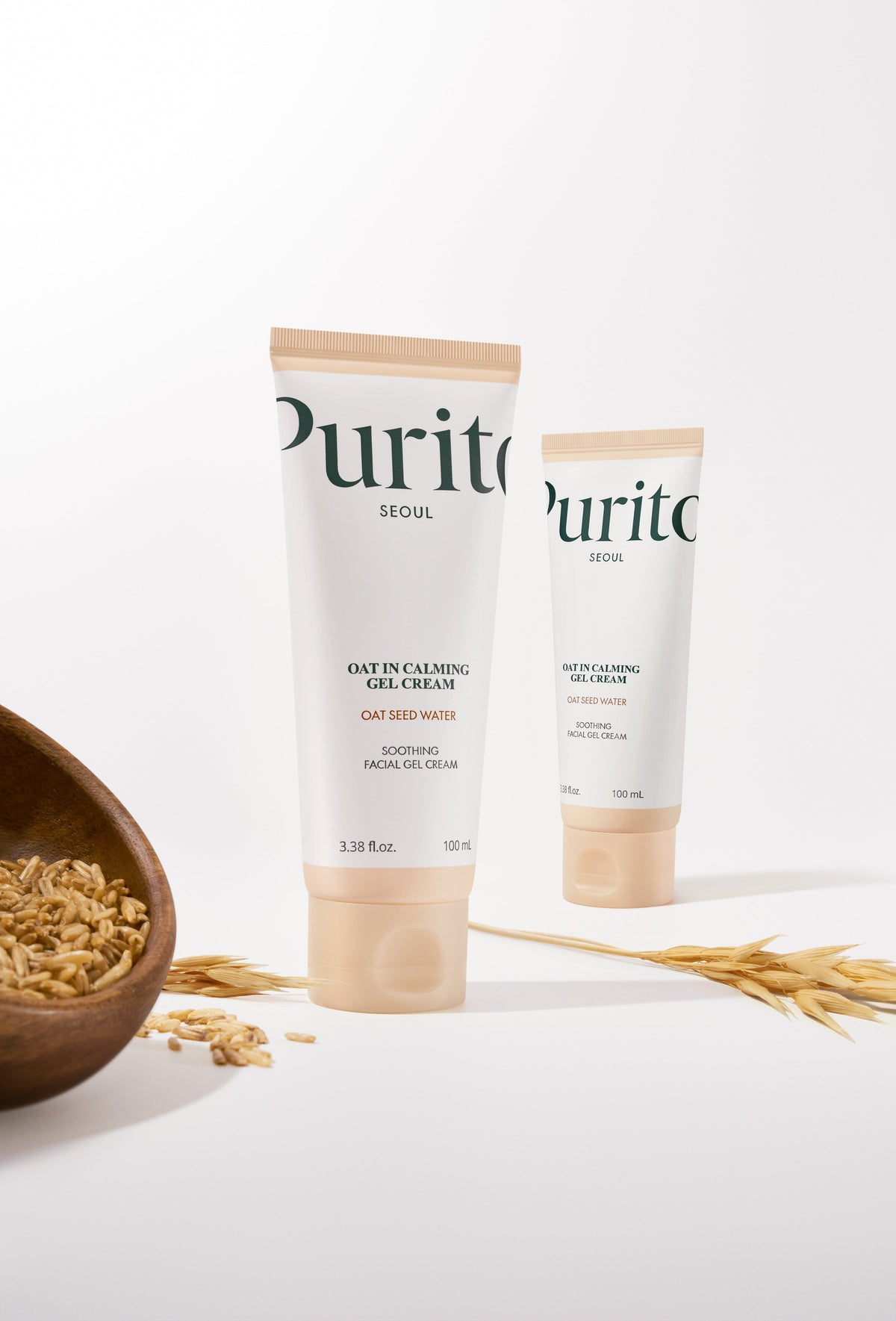 PURITO Oat In Calming Gel Cream 100ml - cream and tube with a bowl of oats, white background