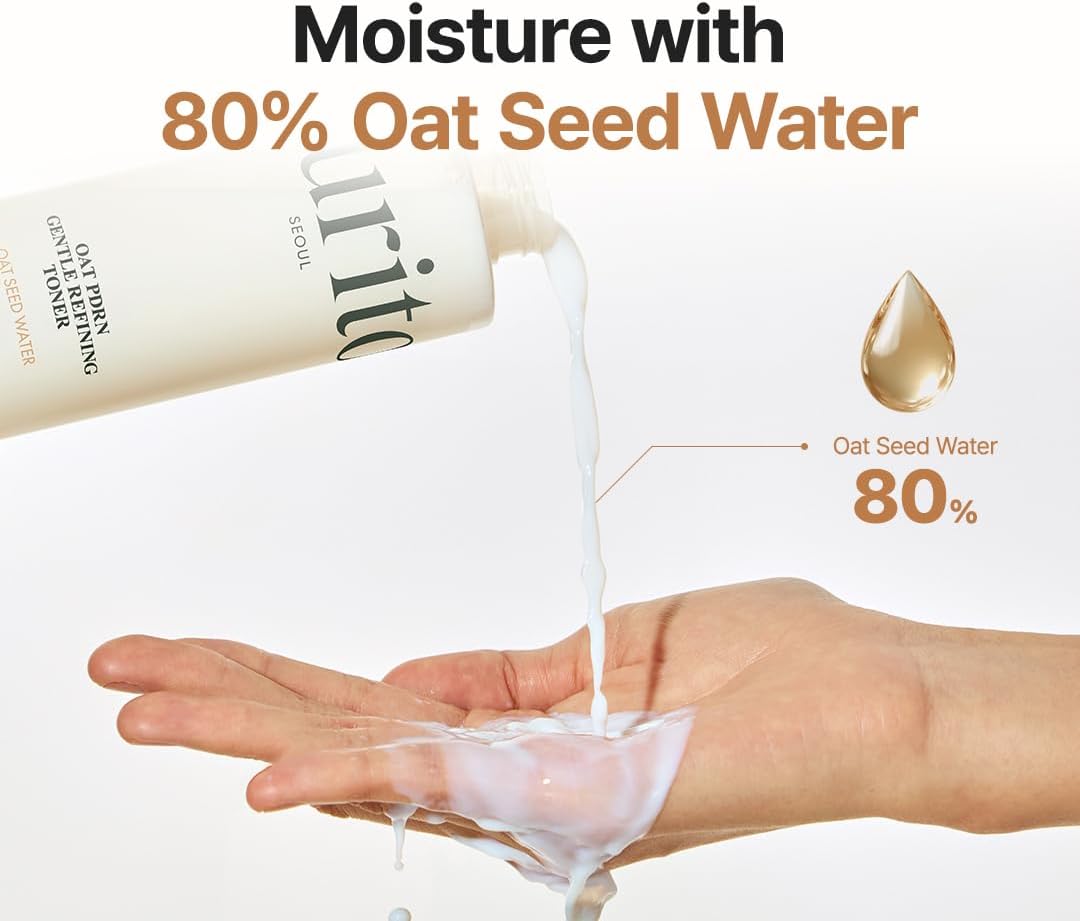 Moisture with 80% oat seed water: the bottle pouring toner into a palm