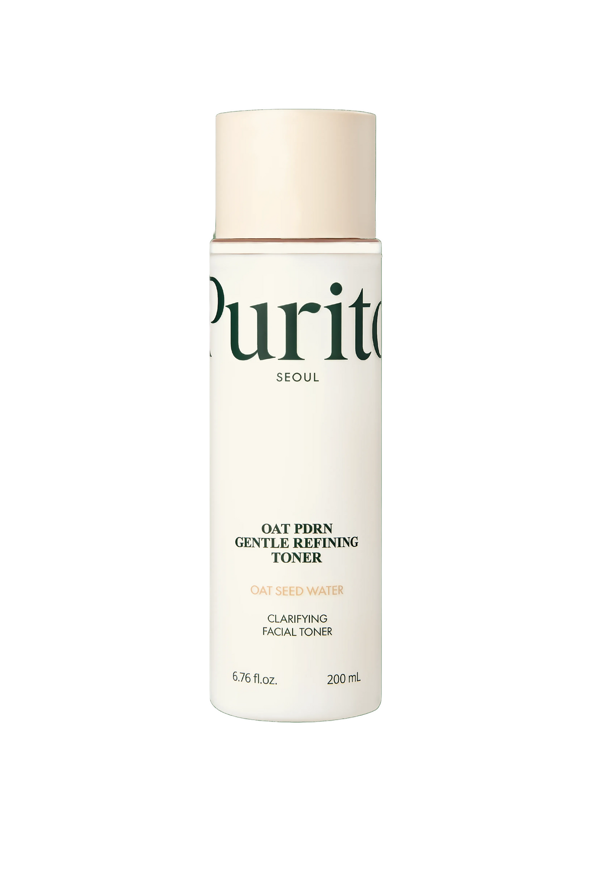 PURITO Oat PDRN Gentle Refining Toner 200ml - cream toner bottle on a dark green background