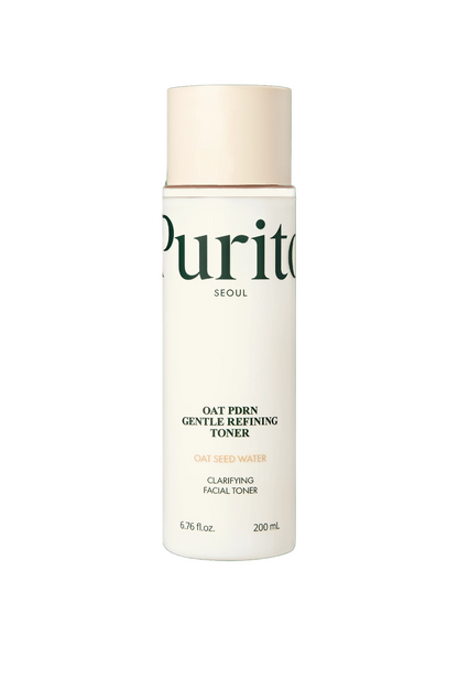PURITO Oat PDRN Gentle Refining Toner 200ml - cream toner bottle on a dark green background
