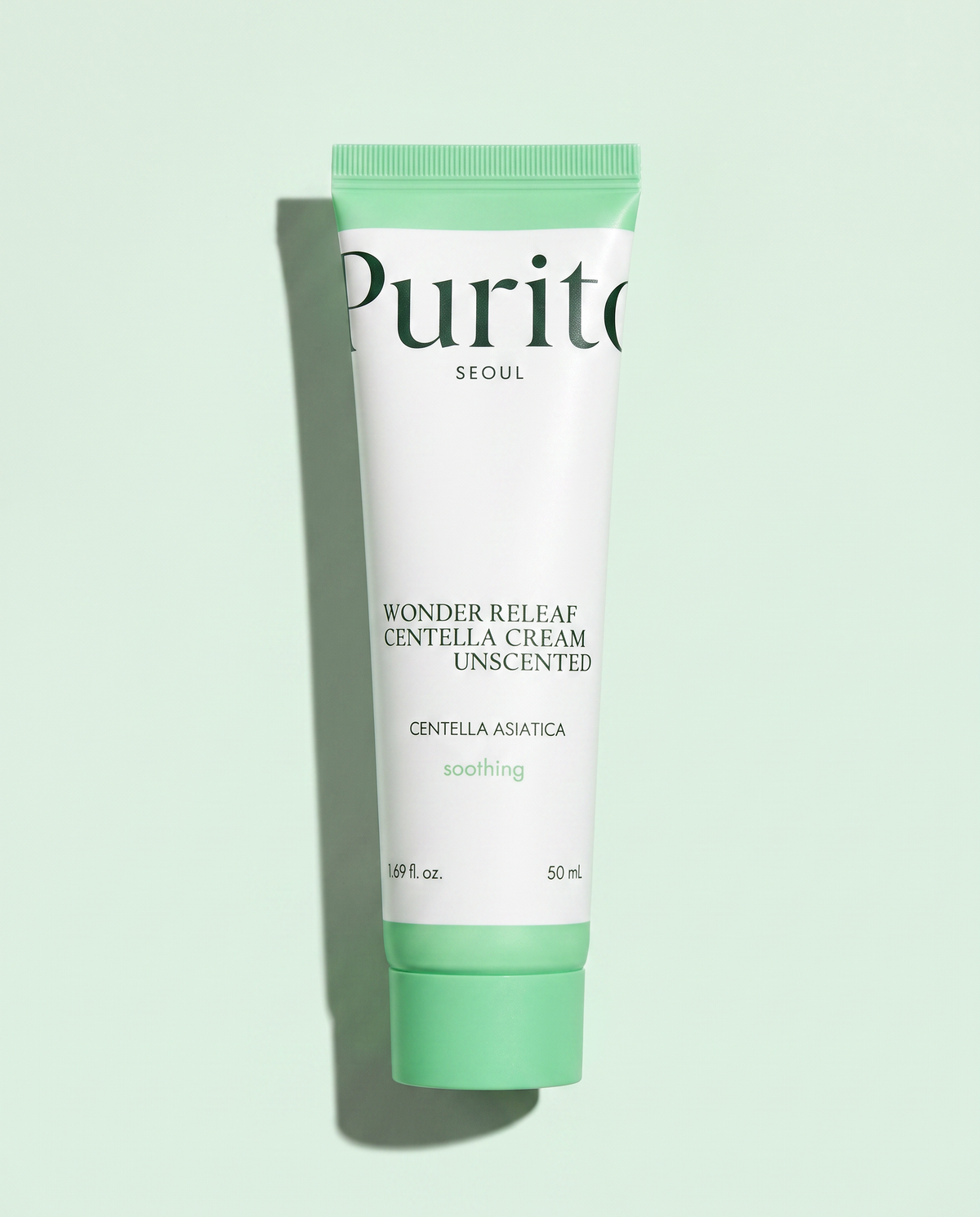 PURITO Wonder Releaf Centella Cream 50ml - green and white cream tube on a pale green background