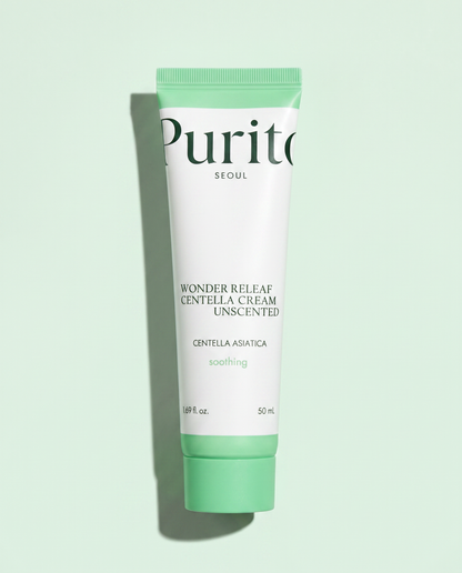 PURITO Wonder Releaf Centella Cream 50ml - green and white cream tube on a pale green background