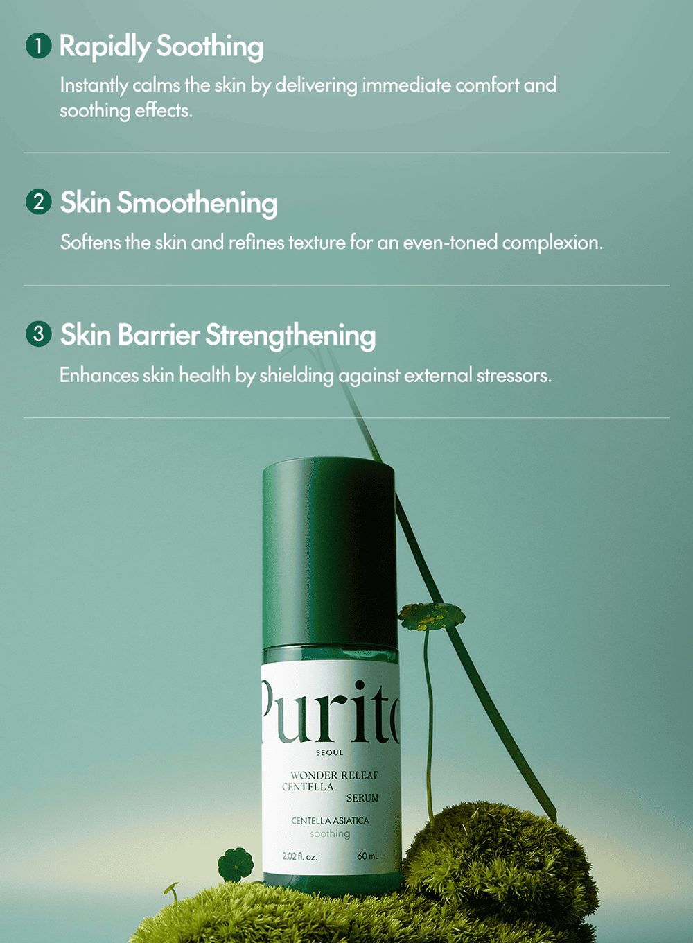 PURITO Wonder Releaf Centella Serum 60ml - serum bottle on moss beside a three point benefits panel