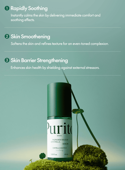 PURITO Wonder Releaf Centella Serum 60ml - serum bottle on moss beside a three point benefits panel