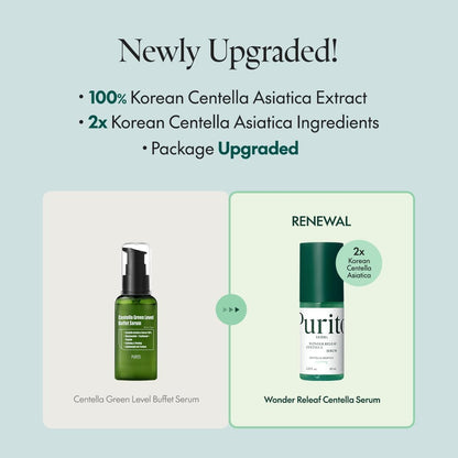 Newly upgraded: 100% Korean centella asiatica extract and double the centella ingredients, the old Centella Green Level Buffet Serum beside the renewal