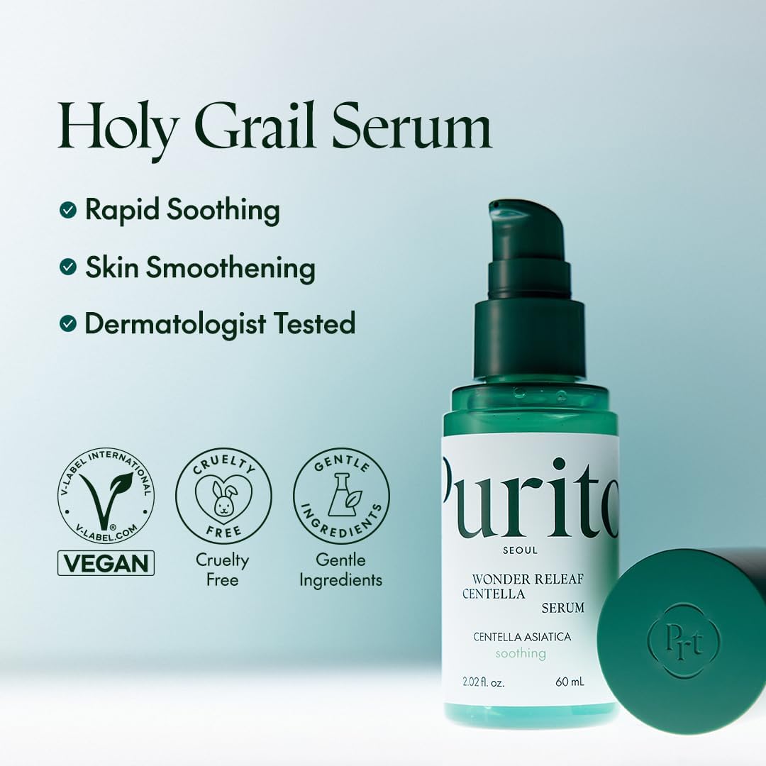 Holy grail serum: the pump bottle with its cap off, rapid soothing, skin smoothening, dermatologist tested, vegan, cruelty-free, gentle ingredients