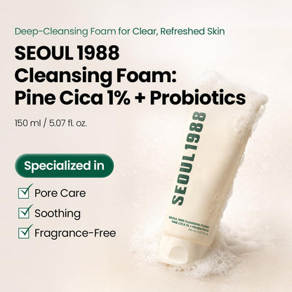 Seoul 1988 Cleansing Foam Pine Cica 1% plus Probiotics tube in foam, 150 ml, specialised in pore care, soothing and fragrance-free