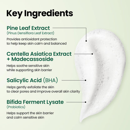 Key ingredients labelled on a swirl of foam: pine leaf extract, centella asiatica extract with madecassoside, salicylic acid BHA and bifida ferment lysate