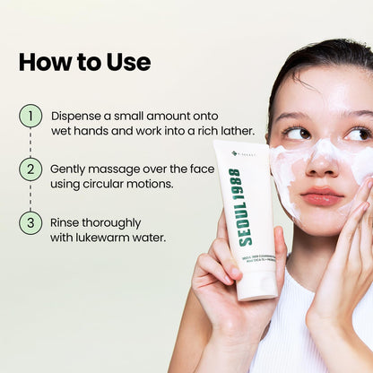 How to use beside a model with foam on her cheeks: dispense onto wet hands and lather, massage in circles, rinse with lukewarm water