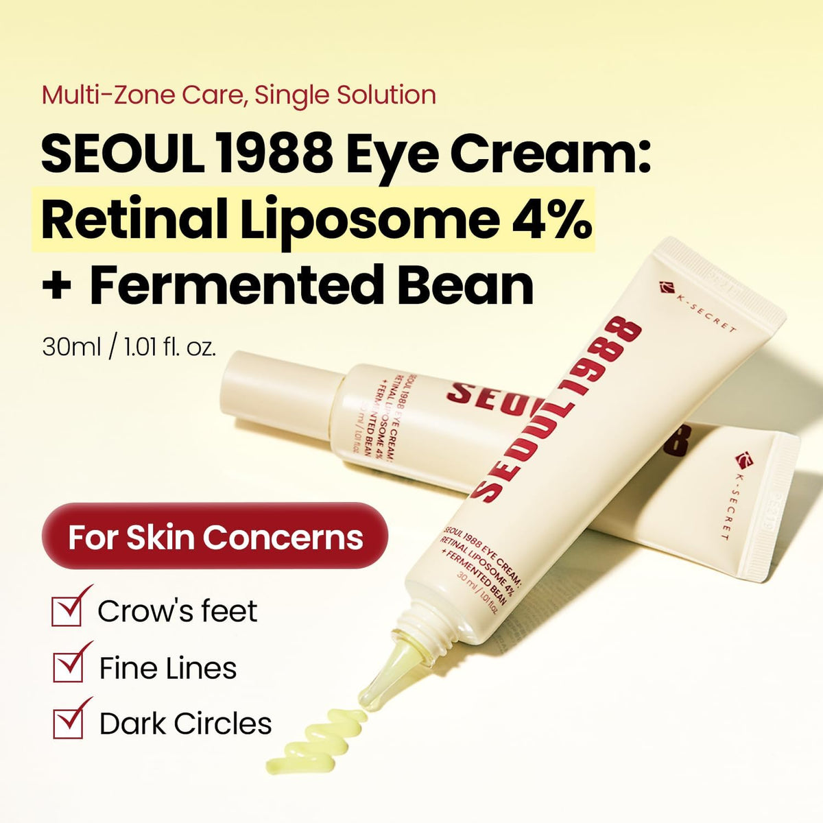 Seoul 1988 Retinal Liposome 4% plus Fermented Bean eye cream tubes, 30 ml, for crow's feet, fine lines and dark circles