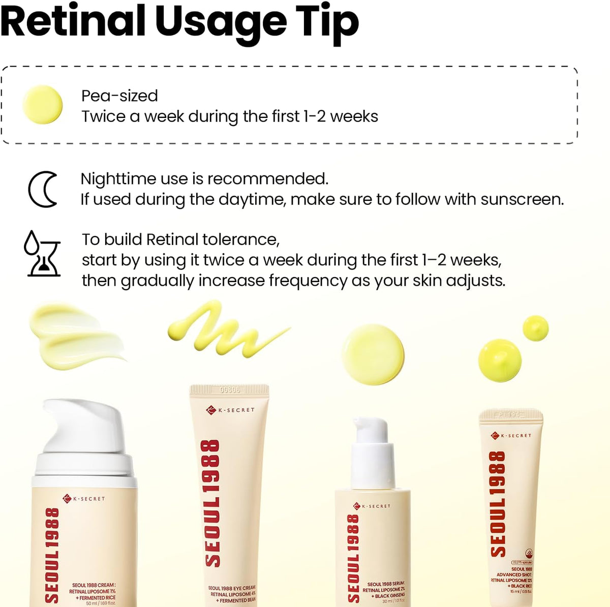 Retinal usage tip: a pea-sized amount twice a week for the first one to two weeks, night-time use recommended, build tolerance gradually